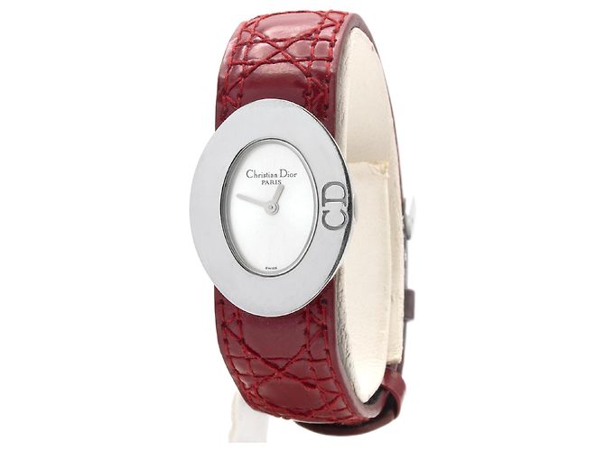 Relógio Dior de Aço Mostrador Prateado Pulseira de Couro Vermelho Prata