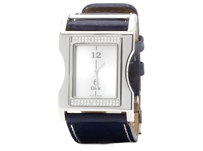 Relógio Dior Chris 47 em aço com diamantes e pulseira de couro azul Prata