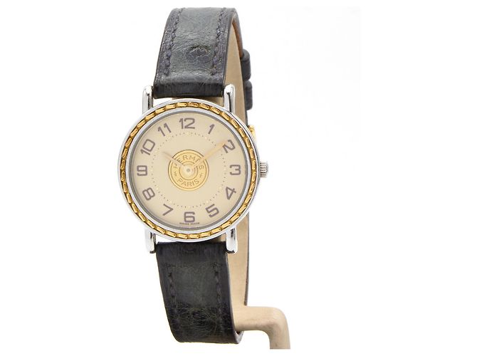 Relógio Hermès Sellier de aço e couro de avestruz Dourado