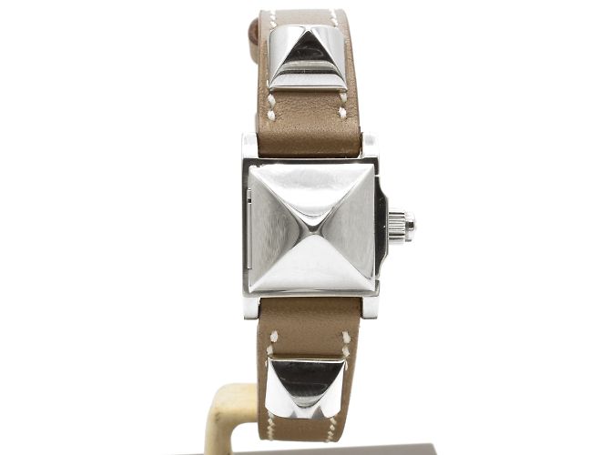 Reloj Hermès Médor de acero y correa de cuero Etoupe Plata