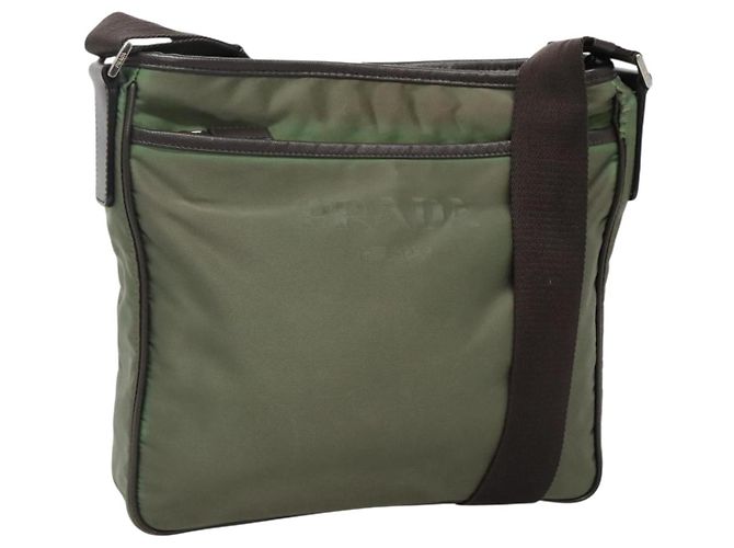 Bolsa de Ombro PRADA Nylon Caqui Prata Autêntica BA3657