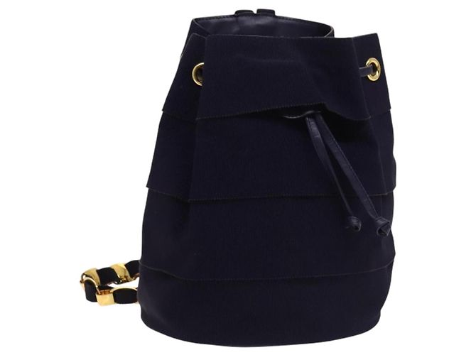 Salvatore Ferragamo Vala Chain Backpack Canvas Navy Gold Auth BA3335