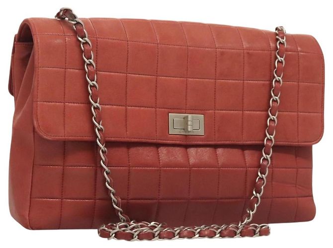 CHANEL Borsa a Spalla Choco Bar in Pelle di Agnello Rossa Argento CC Auth BA3678 Rosso