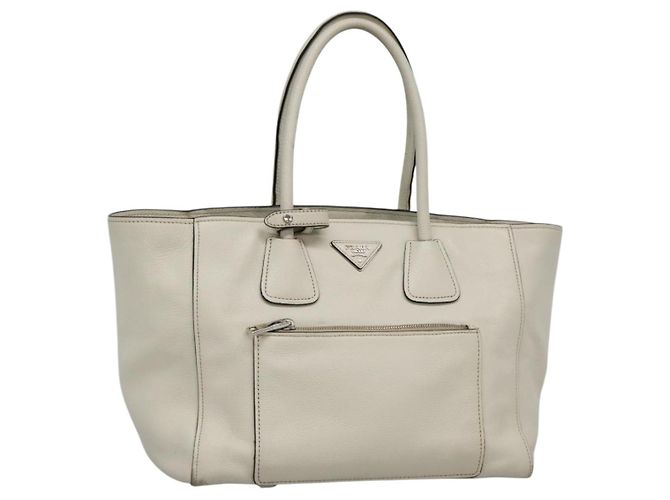 Prada Bolso Tote de Cuero Blanco Plata Auth ep9305
