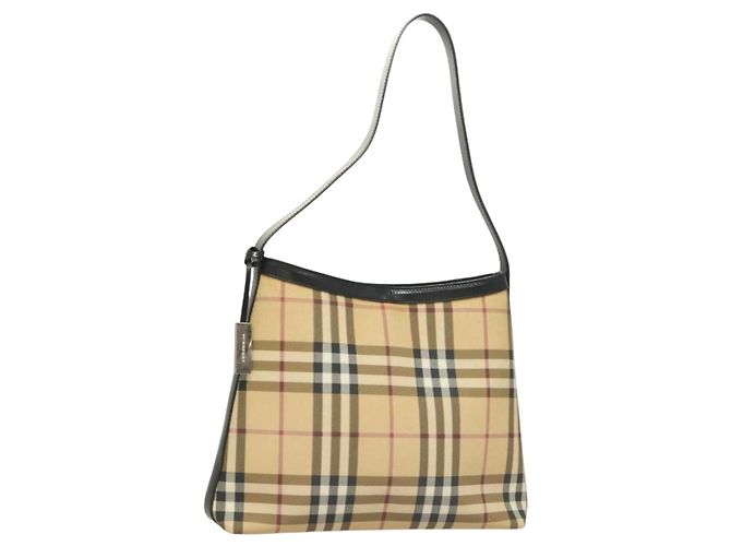 Burberry Borsa a spalla Nova Check in PVC Beige Argento Auth BA3813
