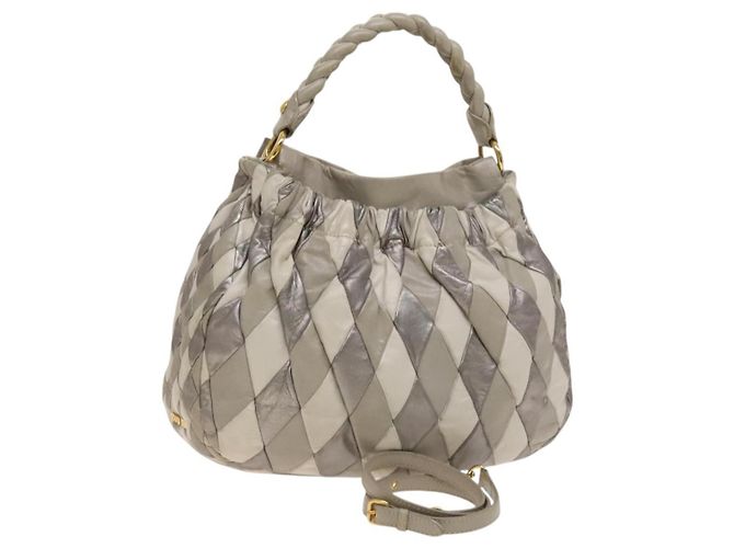 Bolsa de Ombro Miu Miu em Couro 2way Cinza Dourado Auth yk18463