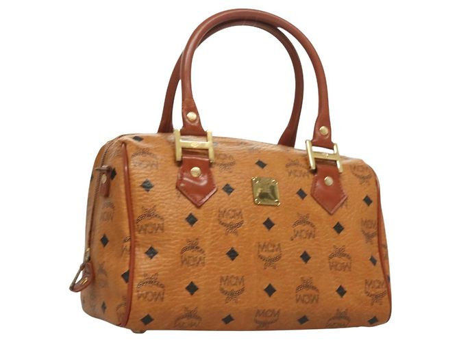 Bolsa MCM Logogram Vicetos em couro PVC marrom e dourado Auth th6169