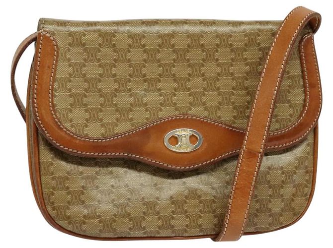 Céline Bolsa de Ombro em Lona Macadam CELINE Bege Ouro Auth 127903 Dourado