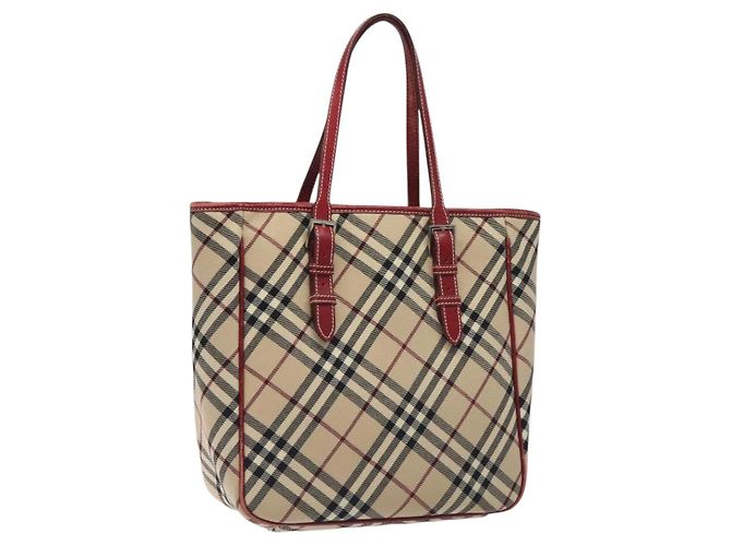Burberry Nova Check blaue Label Tragetasche aus Canvas Beige Silber Authentisch BA3843
