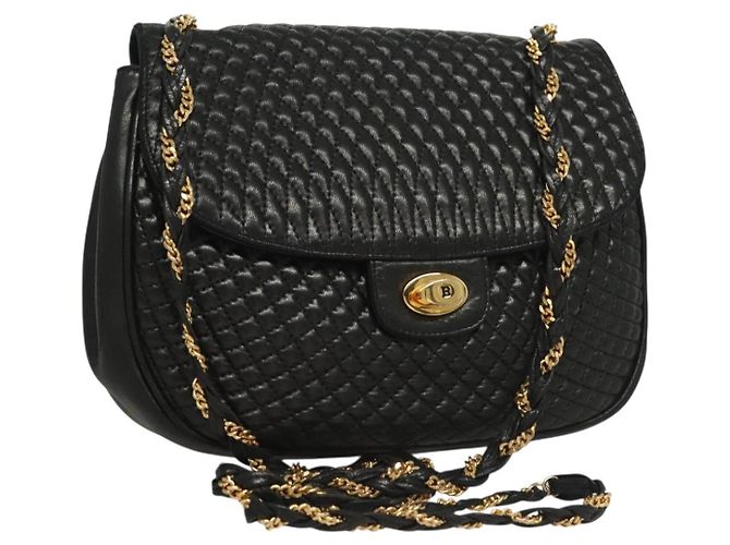 BALLY Bolsa de Ombro de Couro Matelassada com Corrente Preto Ouro Auth BA3955 Dourado