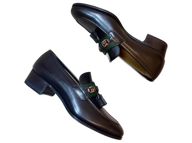 Mocassini Gucci Jarka leather con nappine neri taglia 35 Nero Rosso D'oro Verde