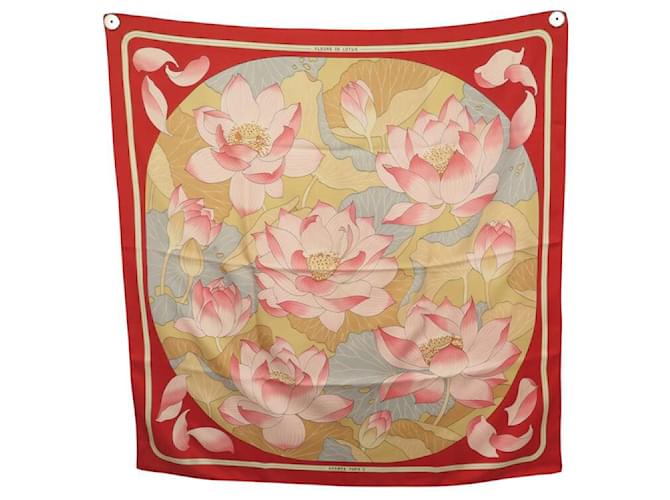 Hermès VINTAGE FOULARD HERMES FLEURS DE LOTUS 1ERE ED. 1976 CARRE 90 SOIE SCARF Rouge  ref.2363196