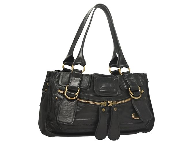 Chloé Borsa a mano Chloe Bay in pelle nera e oro Auth BA3965