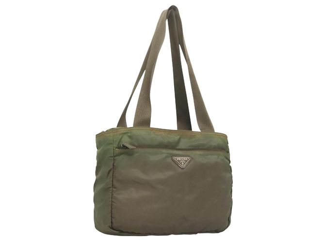 PRADA Tote Bag Nylon Khaki Silver Auth bs27455 Silvery