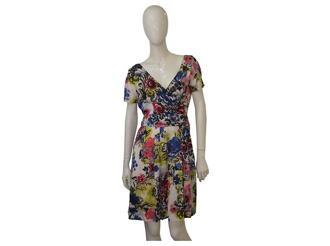 Autre Marque Kurzarmkleid mit V-Ausschnitt und Blumenmuster mehrfarbig Mehrfarben