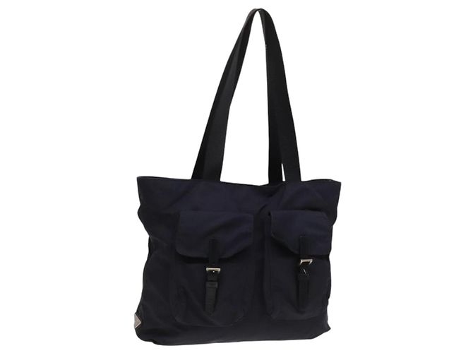 PRADA Tote Bag Nylon Navy Silver Auth 127867 Silvery Navy blue