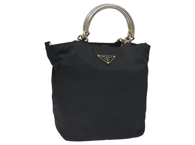 PRADA Borsa a Mano Nylon Metallo Nero Oro Auth 130971 D'oro