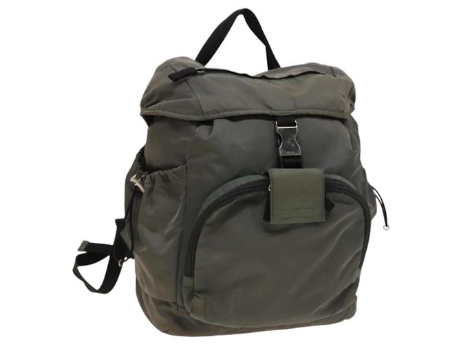 PRADA Backpack Nylon Khaki Silver Auth bs27852 Silvery