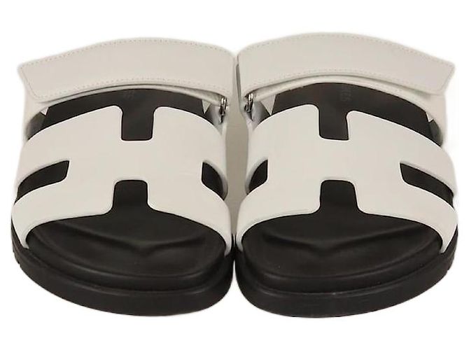 Hermès Hermes White/Black Chypre Flat Sandals