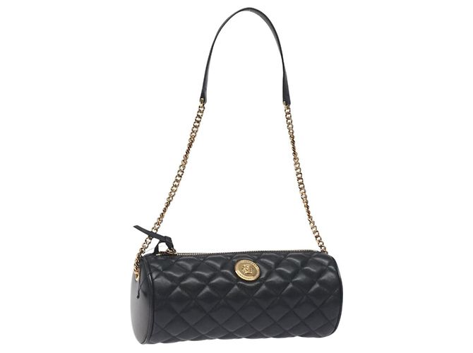 Versace Borsa a spalla con catena in pelle nera e oro Auth 130258 Nero D'oro 