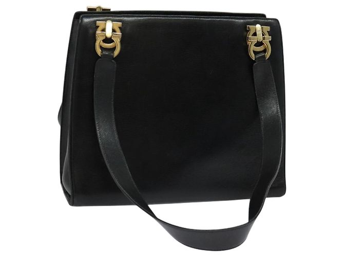 Borsa a Spalla Gancini in Pelle Nera e Oro Salvatore Ferragamo Auth gh274 Nero D'oro