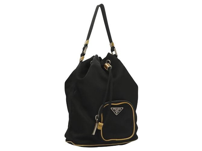 PRADA Sac à main Nylon Noir Or Auth 132686V Doré