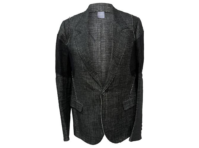 Lanvin Single-Breasted Woven Accent Blazer in Black Linen