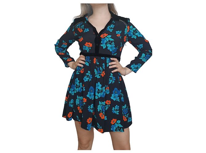 Maje Mini Kleid Floral Langarm Viskose Schwarz Blau Orange Mehrfarben