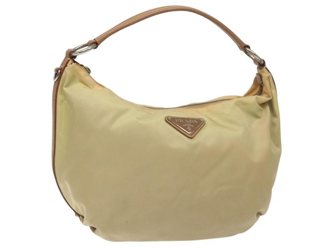 PRADA Shoulder Bag Nylon Leather Beige Silver Auth 131422 Silvery