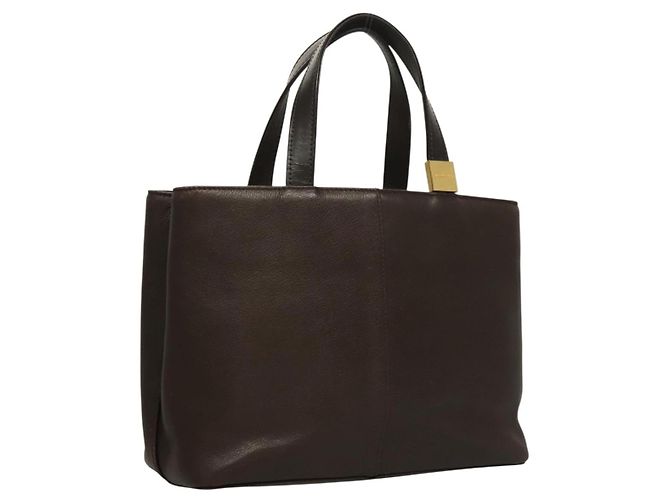 Burberry Bolsa de mão de couro marrom dourado Auth ep9761