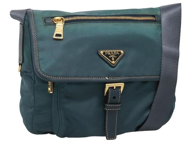 PRADA Schultertasche Nylon Grün Gold Auth 131481 Golden
