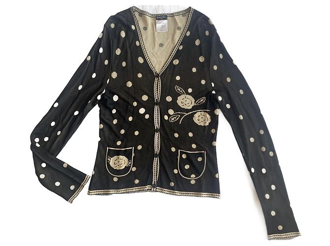 Chanel Weste mit Polka Dots und Kamelie aus Viskose Schwarz Creme