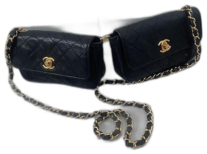 Chanel Double Mini Timeless em couro de cordeiro preto e dourado Gold hardware