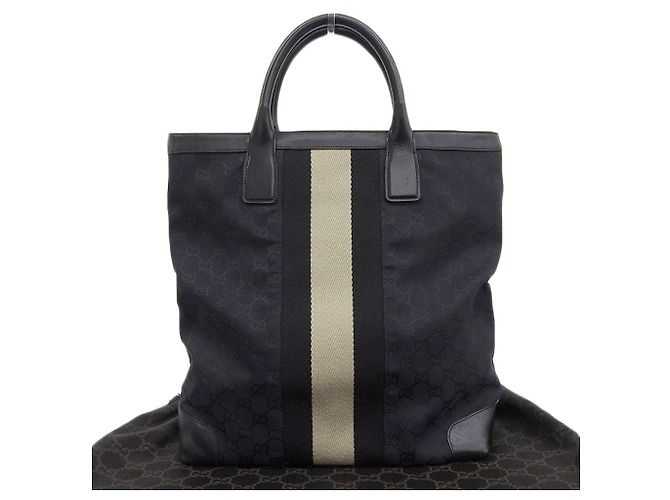 Bolsa tote de lona e couro Gucci Preto Azul marinho