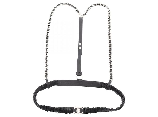Cinto de couro Coco Mark para mulheres da CHANEL Preto