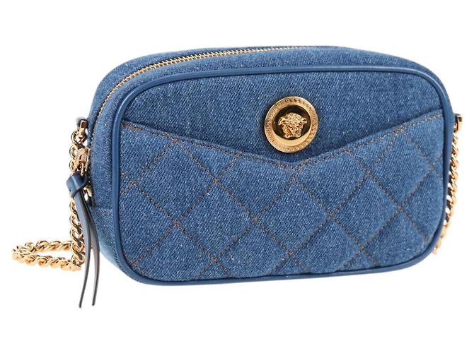 Bolsa de Ombro com Corrente VERSACE Denim Azul Ouro Auth 118959M Dourado