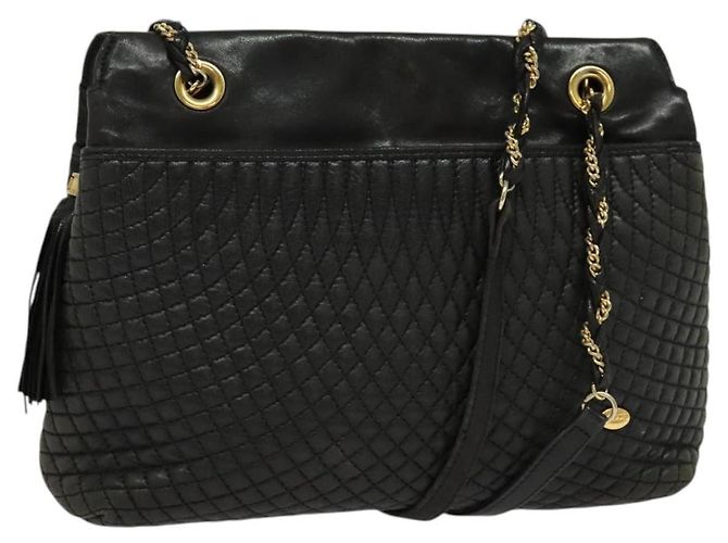 BALLY Bolsa de Ombro com Corrente Couro Preto Dourado Auth 131560