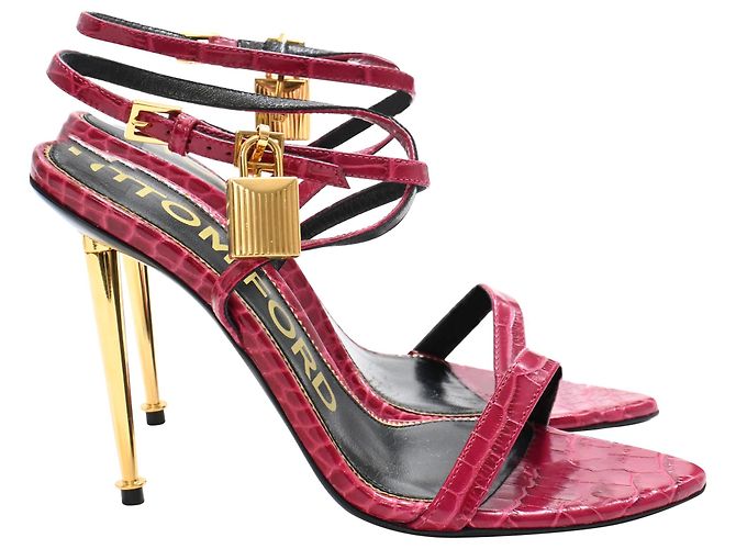 Tom Ford Padlock Croc-Effect Sandals in Red Leather