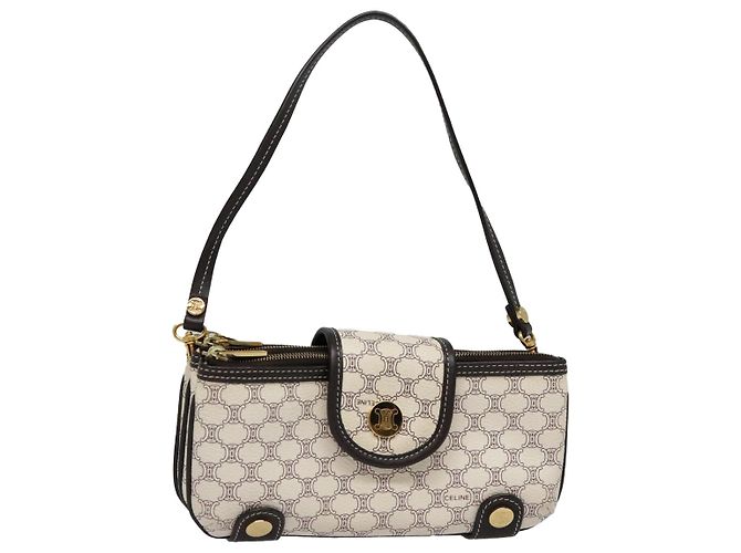 Céline CELINE Macadam Canvas Accessory Pouch PVC Leather White Gold Auth 93826AV