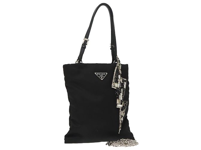 Borsa a spalla con catena Prada in nylon nero e argento autentica 100262AV