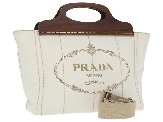 PRADA Sac à main Canapalage en toile blanche argentée 1BG350 Auth 101308SV
