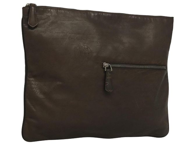 Berluti Calligraphy Clutch Tasche Leder Braun Silber Auth bs28029