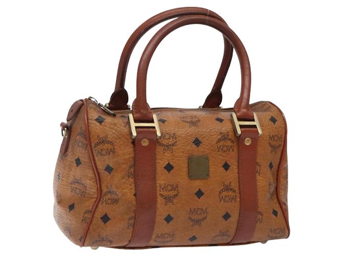 Bolsa Boston MCM Logogram Vicetos em couro PVC marrom e dourado Auth bs27984