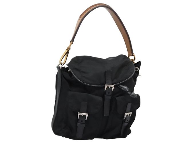 PRADA Schultertasche Nylon Schwarz Gold Auth BD928V Golden