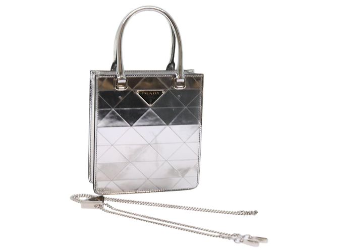 PRADA Hand Bag Metallic leather Silver Auth 59813SV Silvery