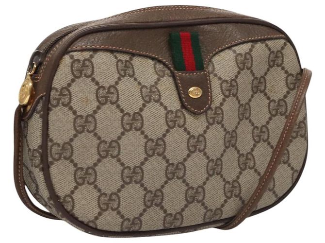 Borsa a Spalla GUCCI GG Supreme Web Sherry Line PVC Beige Marrone Argento Auth BA103