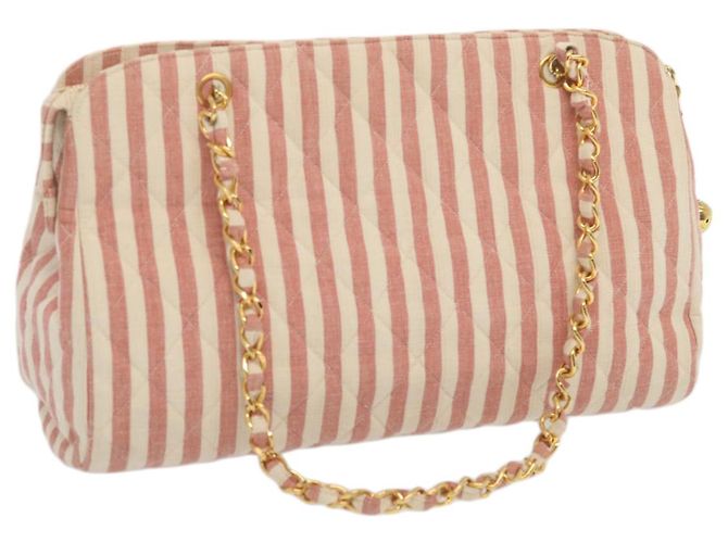 CHANEL Matelasse Chain Shoulder Bag Canvas White Red CC Auth 69059SAV