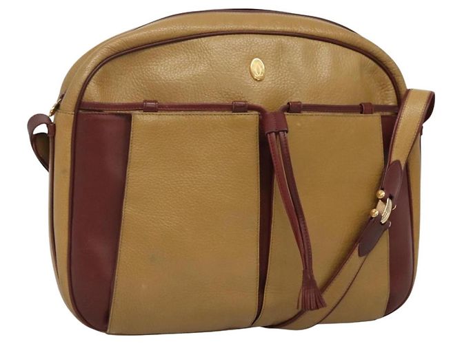 Cartier Bolsa de ombro Must Line em couro bege e vinho tinto Auth BA709 Bordeaux