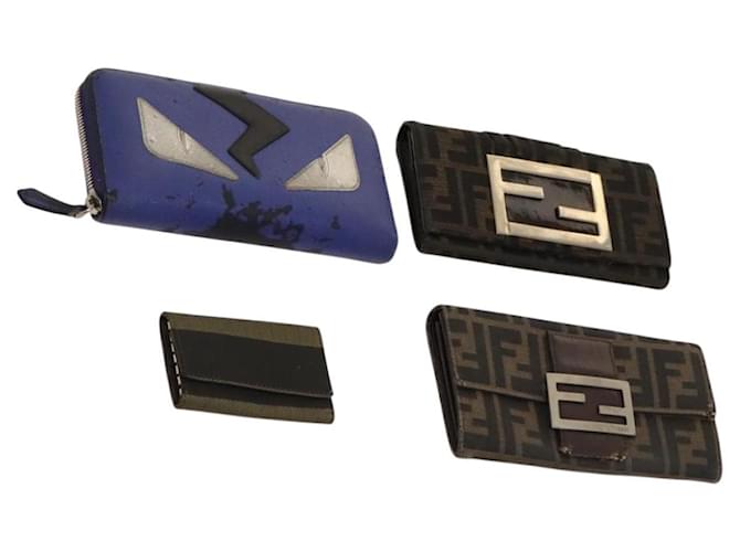 Portefeuille en toile Zucca FENDI en cuir 4 pièces Bleu Marron Noir Auth gh433  ref.2375036