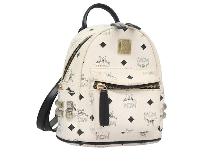 MCM Vicetos Logogram Sac à dos en cuir PVC Blanc Marine or Auth BA110 Doré Bleu Marine